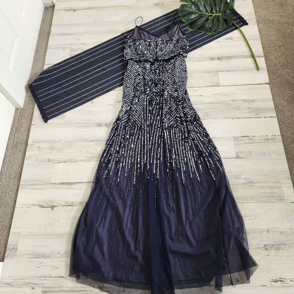 Adrianna Papell Midnight Blue Sequin Embellished Blouson Gown Size 0 - Picture 5 of 14